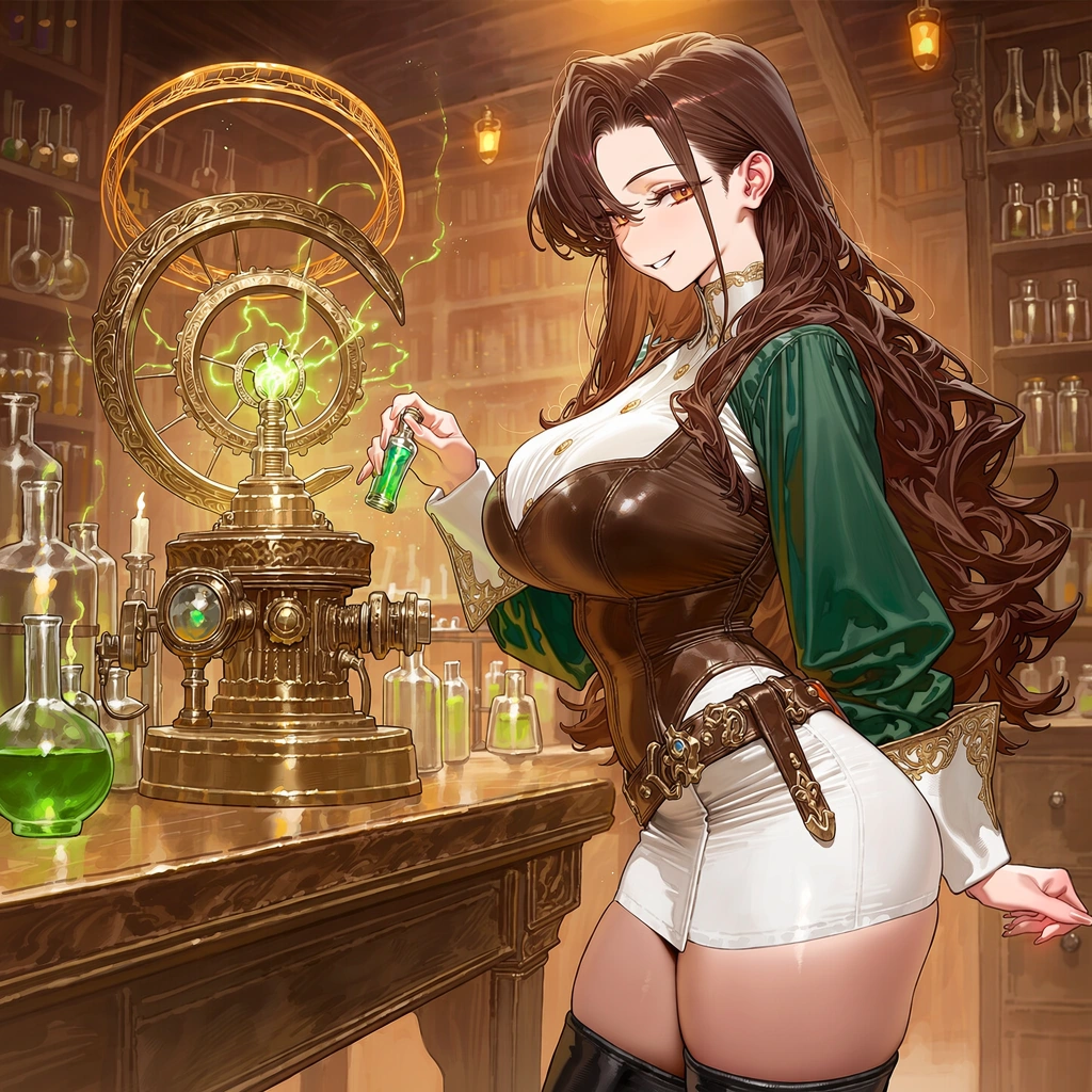 녹색 빛이 흐르는 마도 장치를 시험하는 비올레나